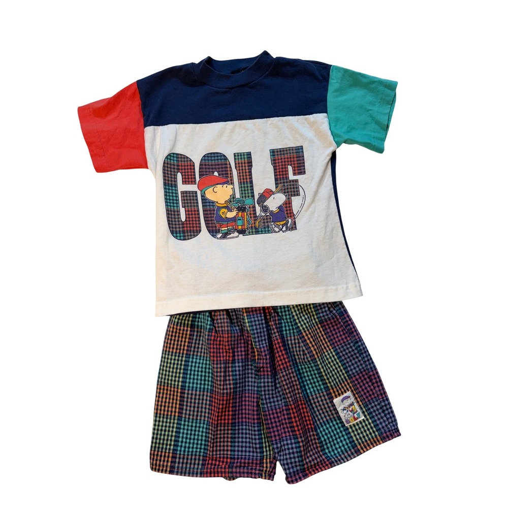 Vintage Peanuts Charlie Brown Snoopy Golf T-Shirt and Plaid Shorts Set Kids 7